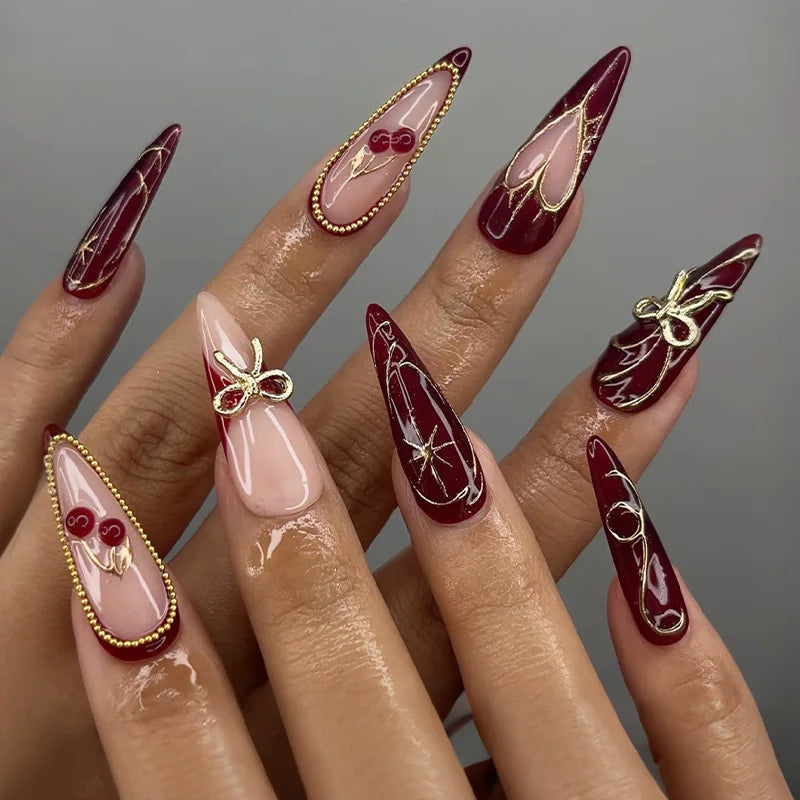 24 pièces arc faux ongles blanc français Long Stiletto faux ongles pointe fleur perle conception amande presse sur ongles acrylique couverture complète ongles