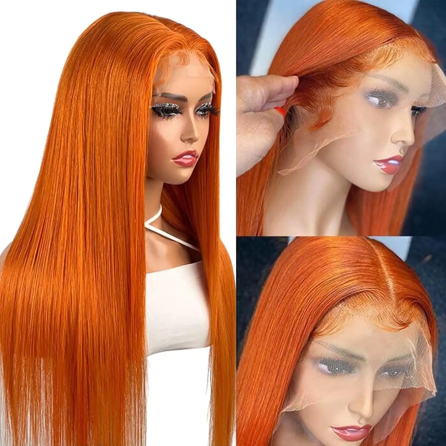 Perruque Lisse Orange Gingembre de 30 Pouces, Cheveux Humains Péruviens Colorés 350, Lace Frontale HD Transparente 13x6 13x4 pour Femmes