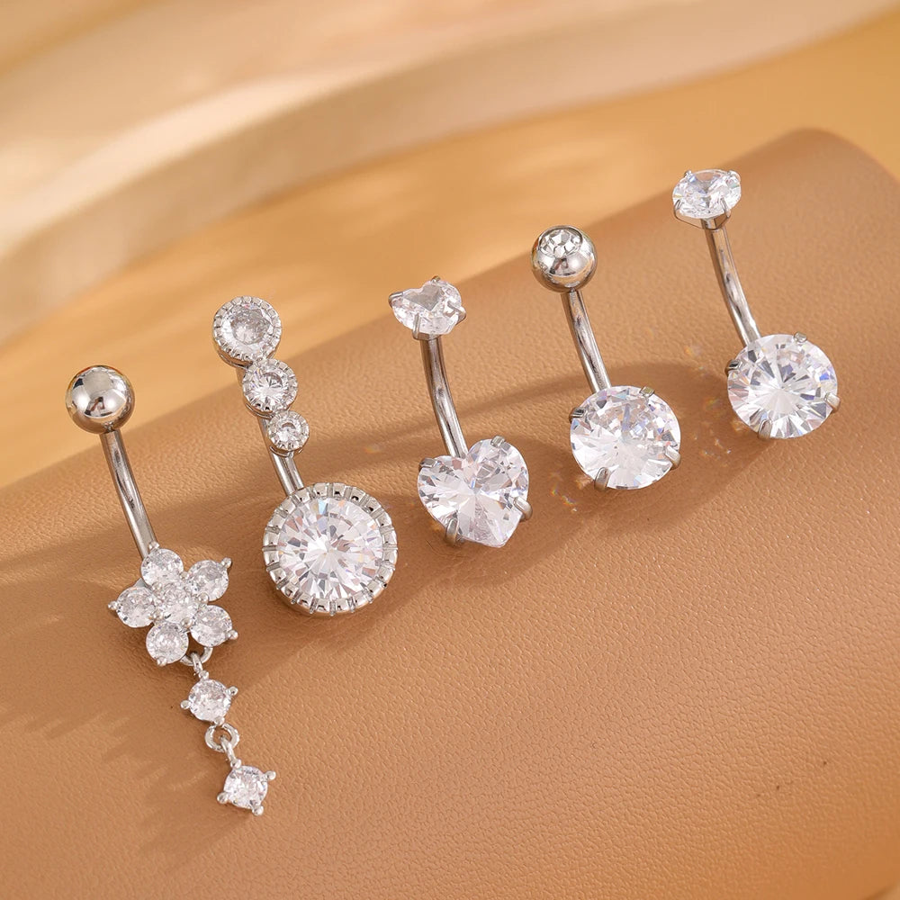 3-5 pièces ensembles de styles mixtes coeur fleur balancent nombril anneaux en acier inoxydable papillon incurvé Zircon ventre Piercing nombril anneau