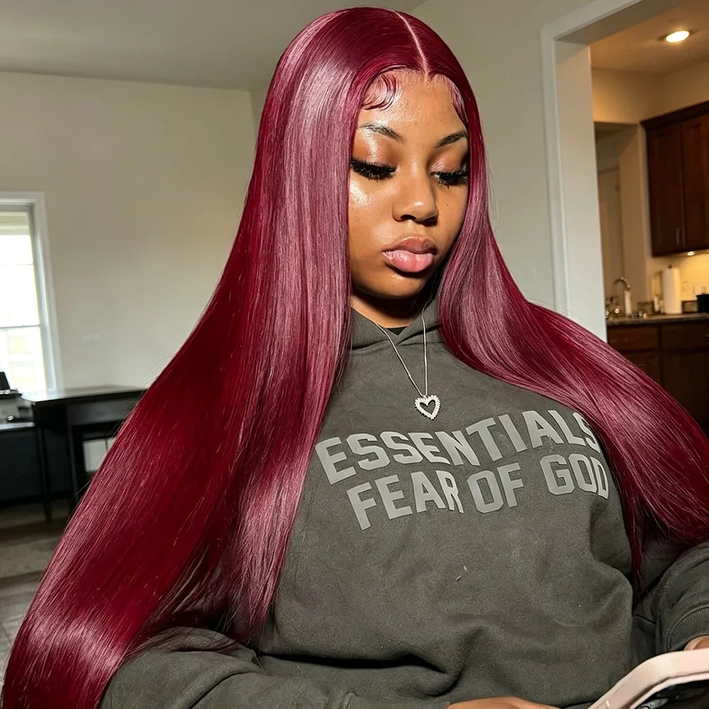 Perruque de cheveux humains lisses bordeaux avec dentelle frontale HD 13x6, 30-36 pouces, couleur rouge 99J, pour femmes