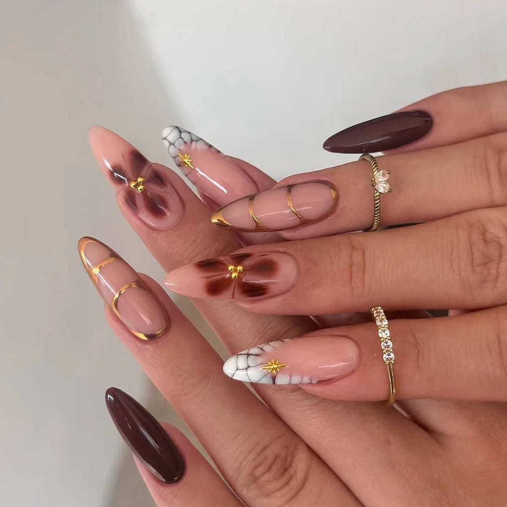 24 pièces de faux ongles à fleurs, style tendance, avec effet dégradé jaune et rose. Ongles portables à couverture complète, forme amande , à poser directement (Press-On Nails).