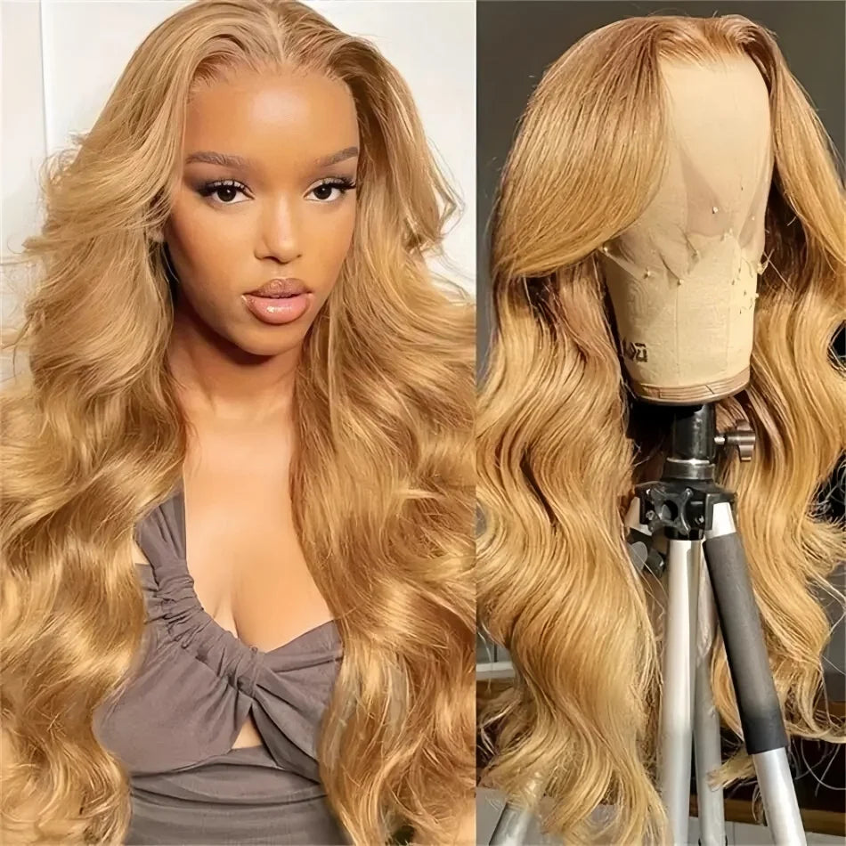 Perruques brésiliennes en cheveux humains ondulés, blond miel 27, avec dentelle frontale HD 13x6 et 13x4, densité 250, colorées et pré-épilées