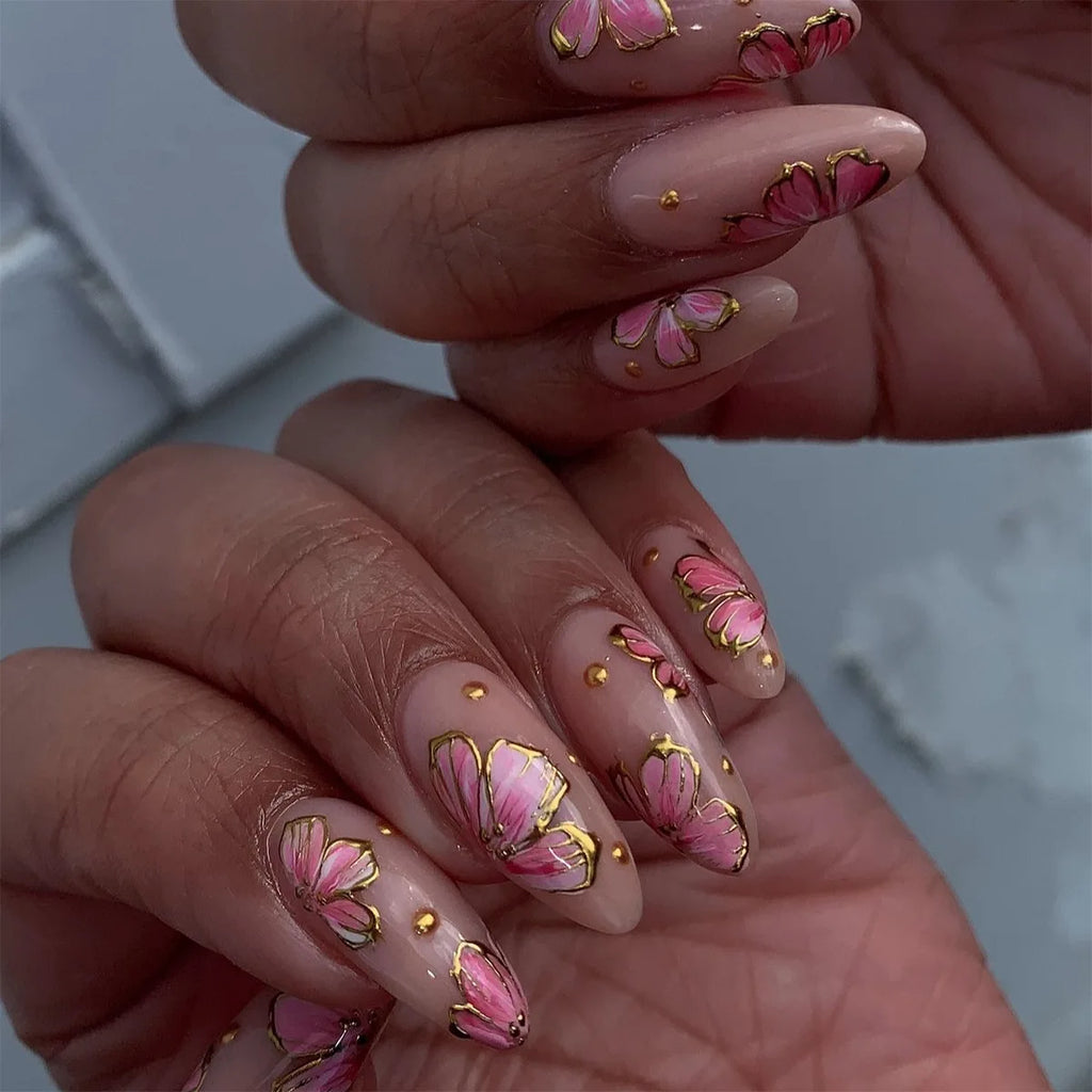 24 pièces de faux ongles à fleurs, style tendance, avec effet dégradé jaune et rose. Ongles portables à couverture complète, forme amande , à poser directement (Press-On Nails).