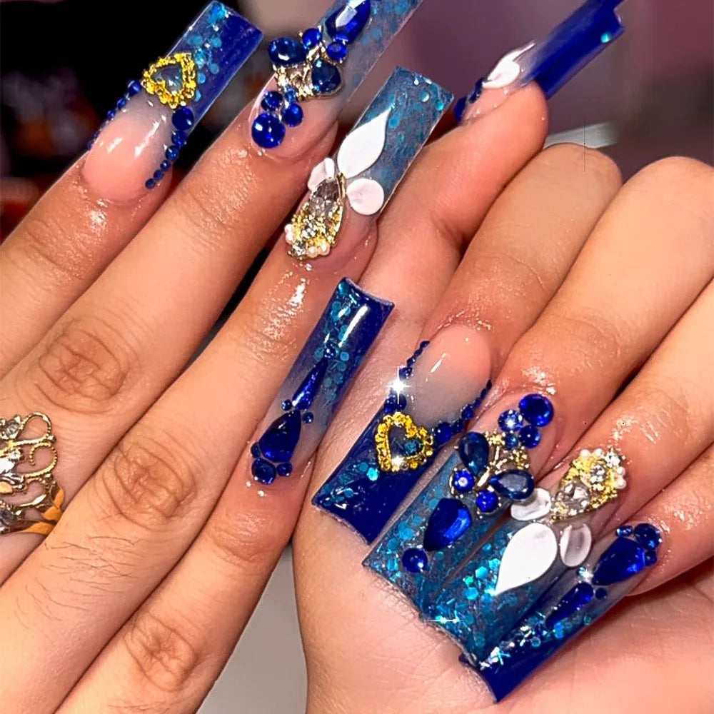 24 faux ongles longs carrés à presser, motif léopard, design cerise 3D, strass, couvrance totale, prêts à poser