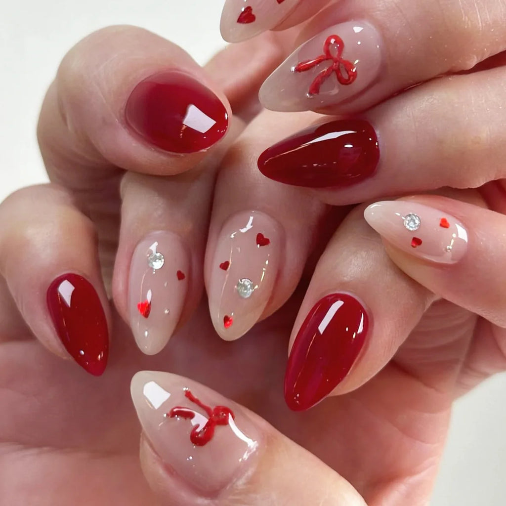 24 pièces doux oeil de chat français presse sur ongles diamant pointu tridimensionnel nœud papillon portable ongles pour femmes et fille amande ongles