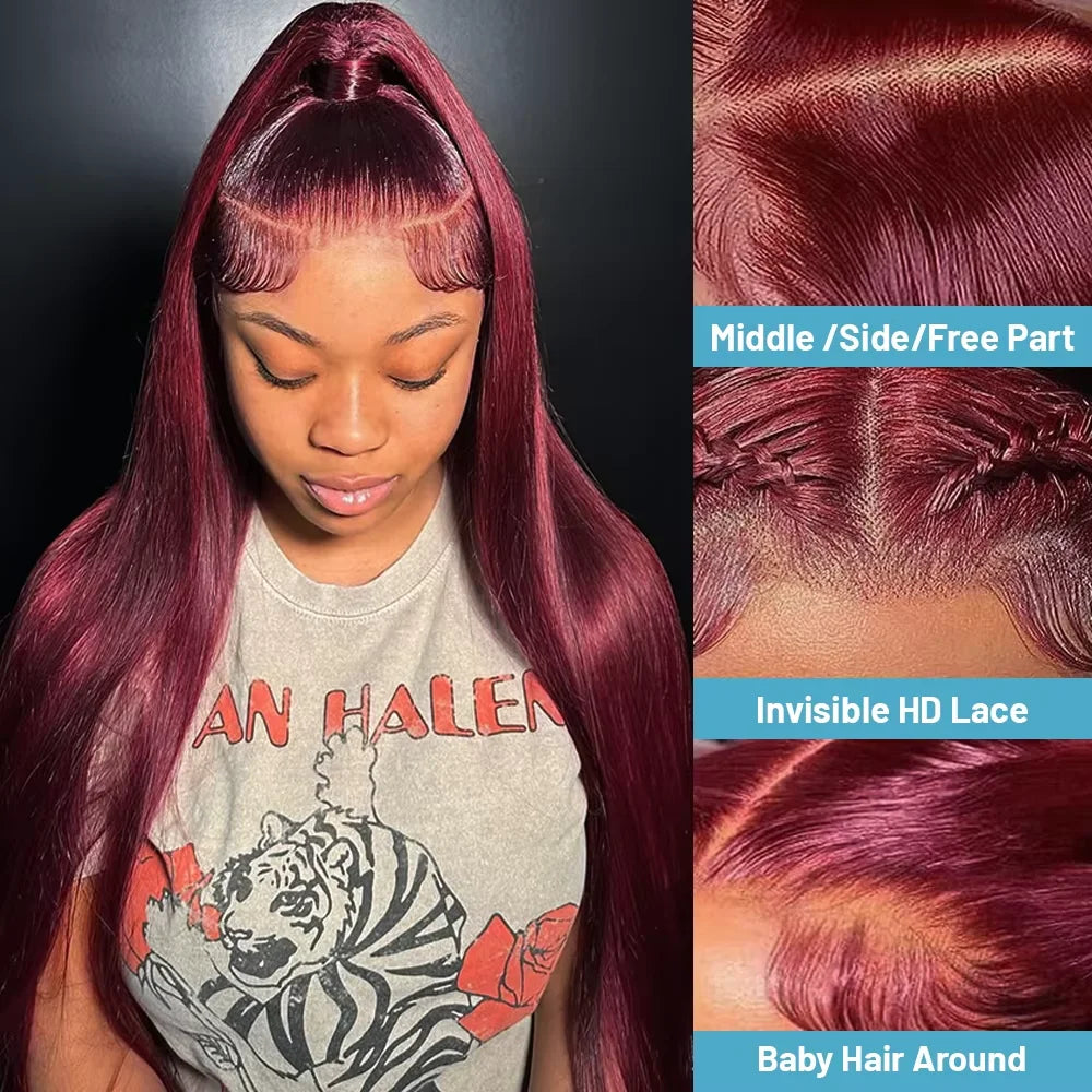 Perruque de cheveux humains lisses bordeaux avec dentelle frontale HD 13x6, 30-36 pouces, couleur rouge 99J, pour femmes
