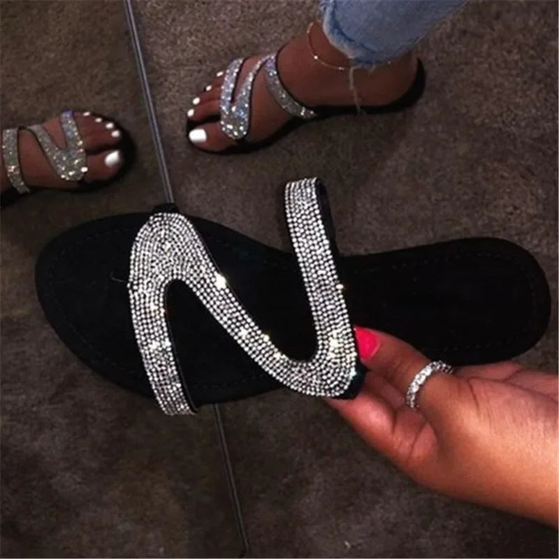 Pantoufles plates d'été pour femmes, tongs, sandales de plage en plein air, chaussures à paillettes, 2024