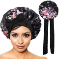 Nouveau Bonnet en Satin pour dormir, couverture de cheveux bouclés, Bonnet de nuit soyeux pour femmes, grand Bonnet de sommeil soyeux avec cravate