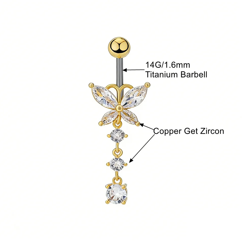 Bijou de nombril pour femme – piercing de ventre en acier inoxydable avec chaîne longue, pampilles et fleur pendante, accessoires de corps pour soirée et plage