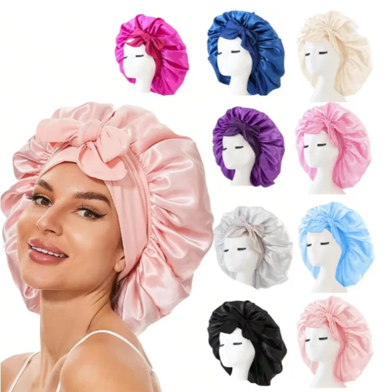 Nouveau bonnet de nuit en satin uni avec bande élastique extensible à nouer pour femmes, bonnet de douche ajustable, bonnet/turban pour couvrir les cheveux.
