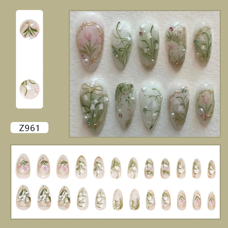 24 pièces de faux ongles à fleurs, style tendance, avec effet dégradé jaune et rose. Ongles portables à couverture complète, forme amande , à poser directement (Press-On Nails).