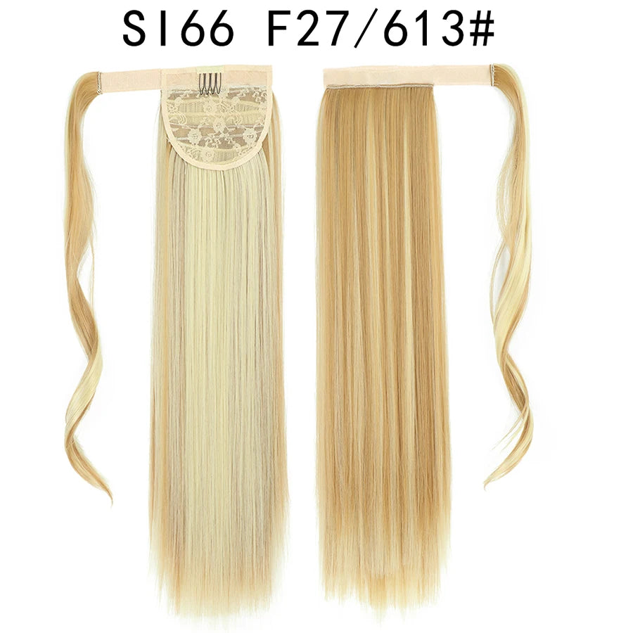Queue de cheval synthétique longue et droite de 22 pouces, extension de cheveux à enrouler avec clip, résistante à la chaleur, postiche blond