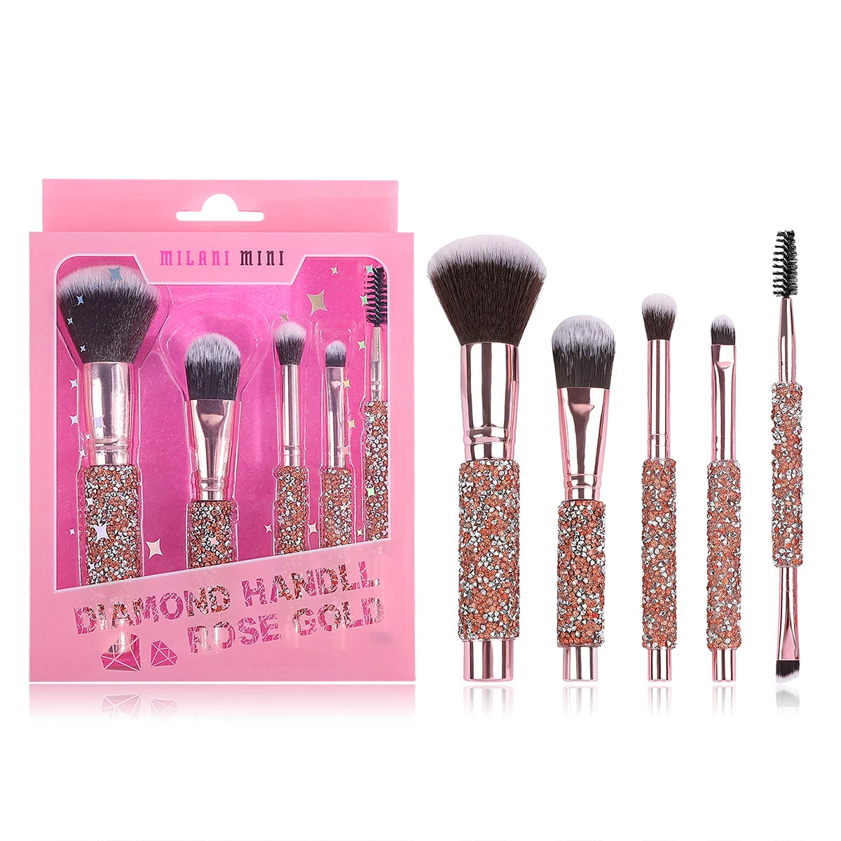 Ensemble de 5/10 pinceaux de maquillage de luxe incrustés de strass avec sac en PU rose gold, outils de beauté portables pour femmes
