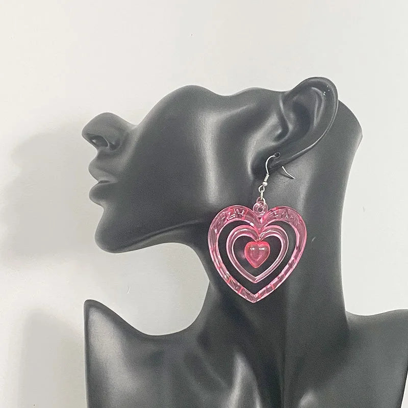 Boucles d’oreilles pendantes superposées en acrylique rose en forme de cœur, style Y2K vintage, pour femmes et filles, bijoux d’été doux pour soirée, accessoires de fête, cadeau.