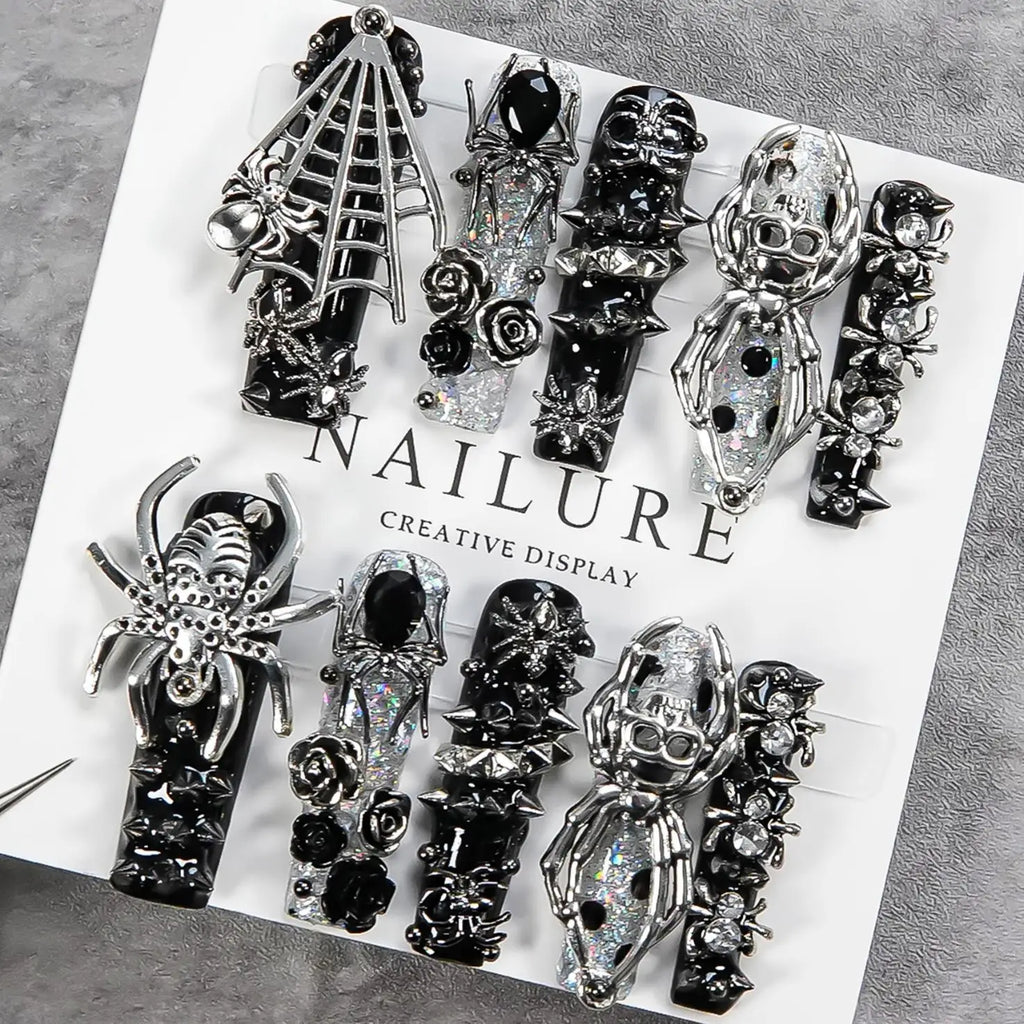 Faux ongles gothiques foncés faits à la main, motif crâne d'araignée, résistants, longs et détachables, style gothique