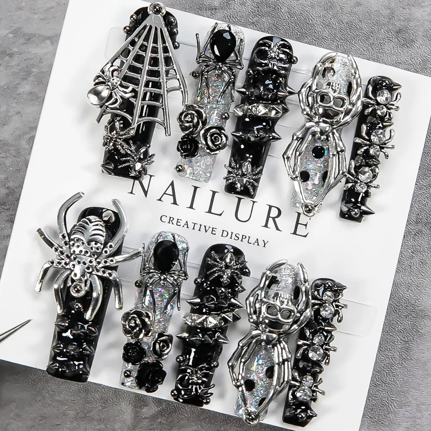 Faux ongles gothiques foncés faits à la main, motif crâne d'araignée, résistants, longs et détachables, style gothique
