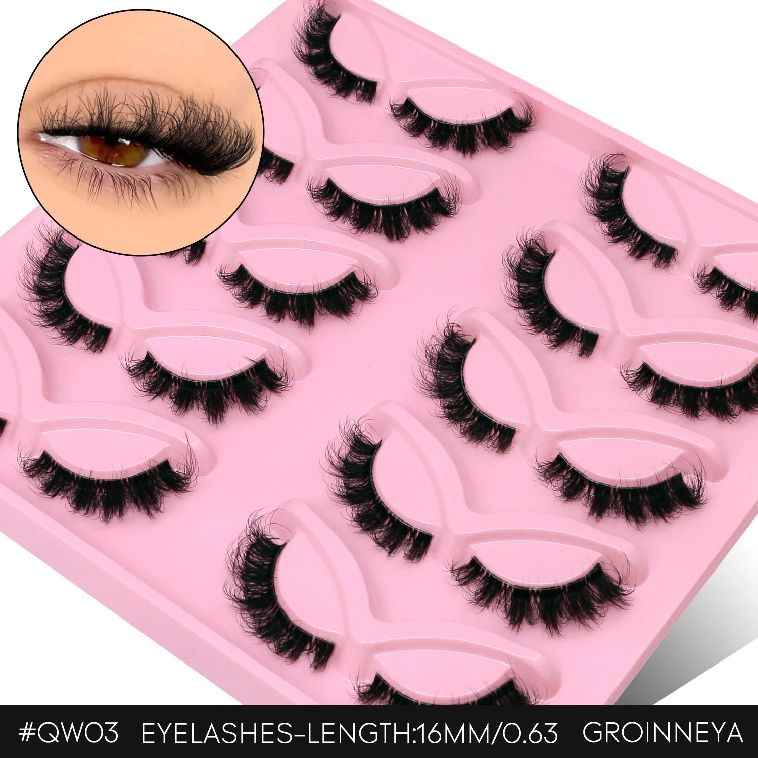 Cils GROINNEYA “Fluffy Cat” – Faux cils 3D effet vison (mink synthétique), doux, épais et volumineux. Cils complets avec effet vaporeux (wispy) et légèrement recourbé, pour un regard allongé type “œil de chat”.