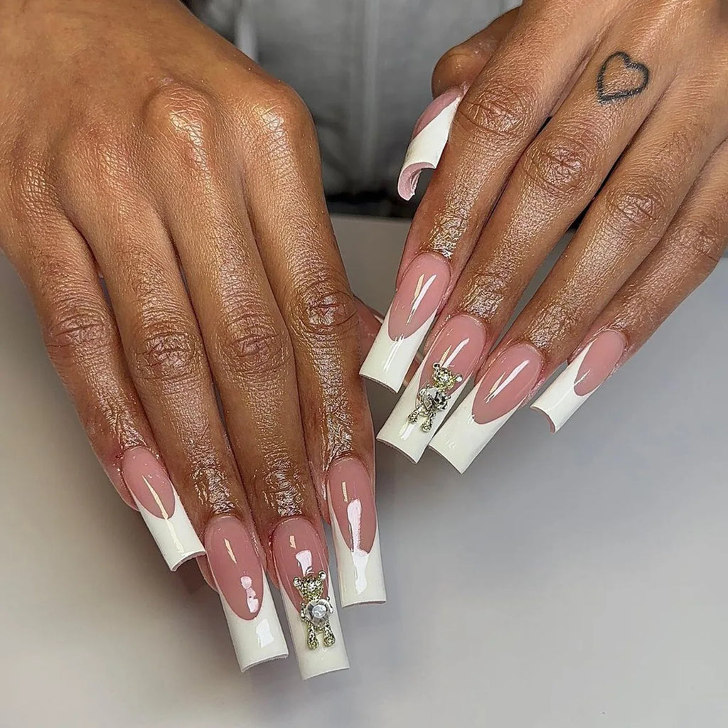24 pièces – faux ongles longs carrés style français, design cœur 3D, ongles press-on avec strass, motif décoratif, faux ongles portables pour nail art
