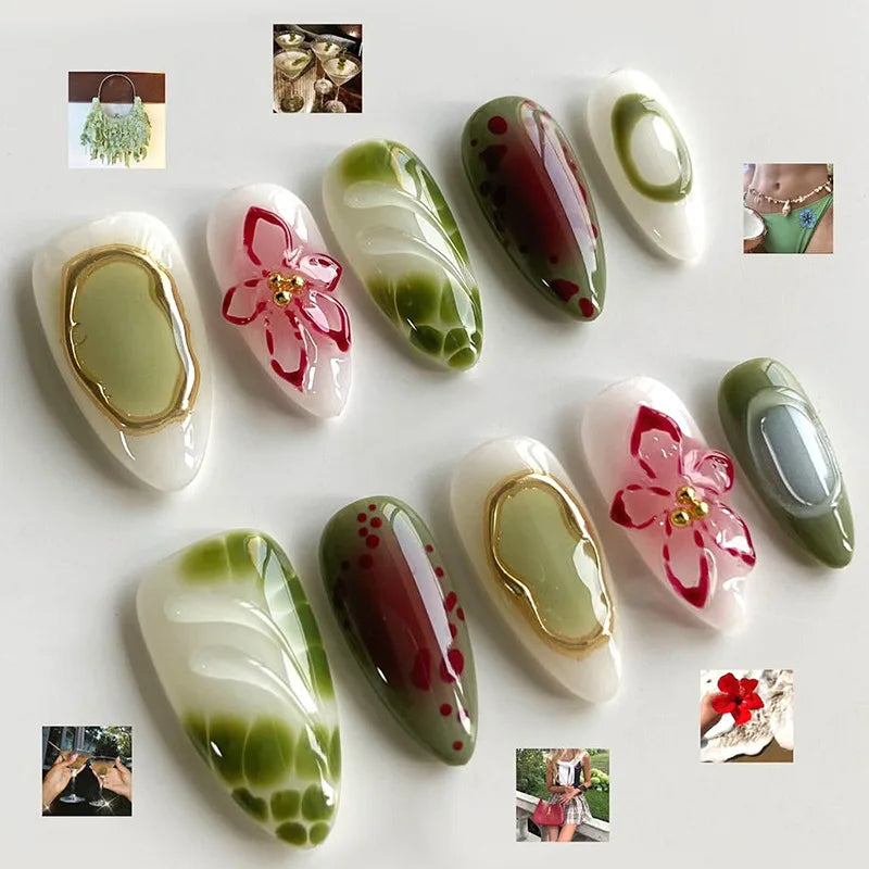 24 pièces mi-long doré amande ongles ensemble presse sur 3D fleur dégradé rose couverture complète faux ongles conseils perle réutilisable faux ongles