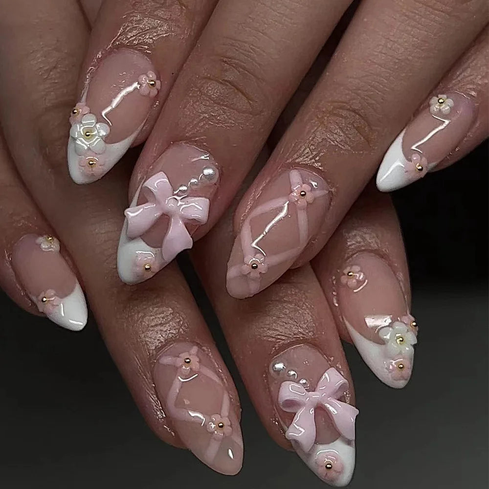 24 pièces doux oeil de chat français presse sur ongles diamant pointu tridimensionnel nœud papillon portable ongles pour femmes et fille amande ongles