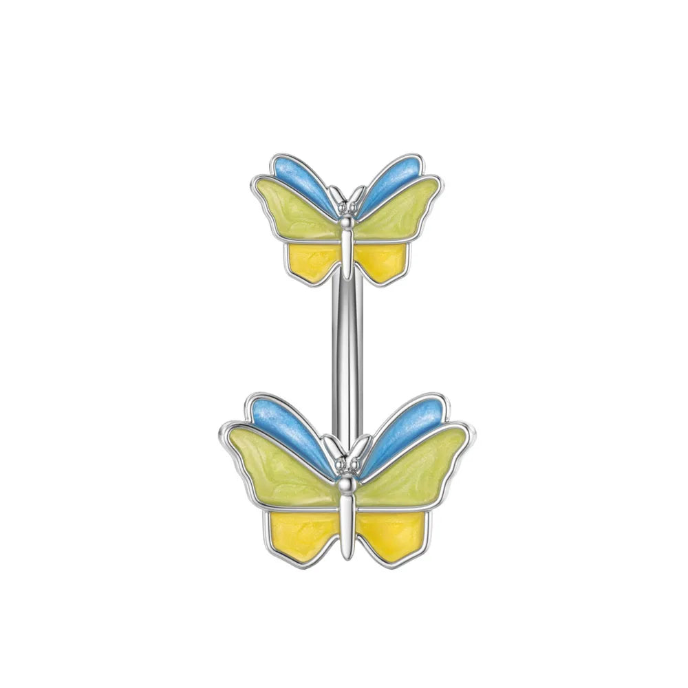 1 pièce Anneau de nombril incurvé en acier inoxydable couleur or avec cristaux CZ, motif papillon abeille, 14G, avec pendentif