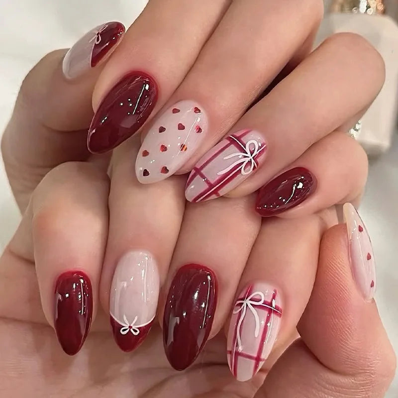 24 pièces doux oeil de chat français presse sur ongles diamant pointu tridimensionnel nœud papillon portable ongles pour femmes et fille amande ongles