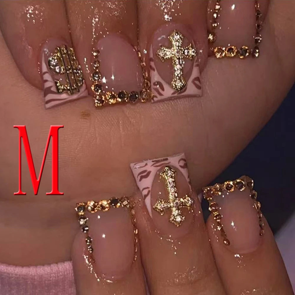 10 pièces diamant français pointu ongles courts carrés ongles nus faux ongles avec paillettes dorées diamant ongles imprimé léopard faux ongles
