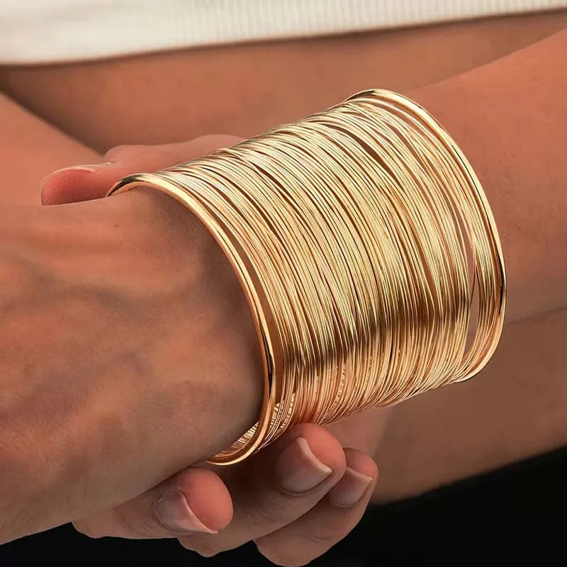 Vintage couleur or hyperbolique couches large fil Bracelet manchette Bracelet pour femmes exagéré métal poignet Wrap Bracelet bijoux cadeau