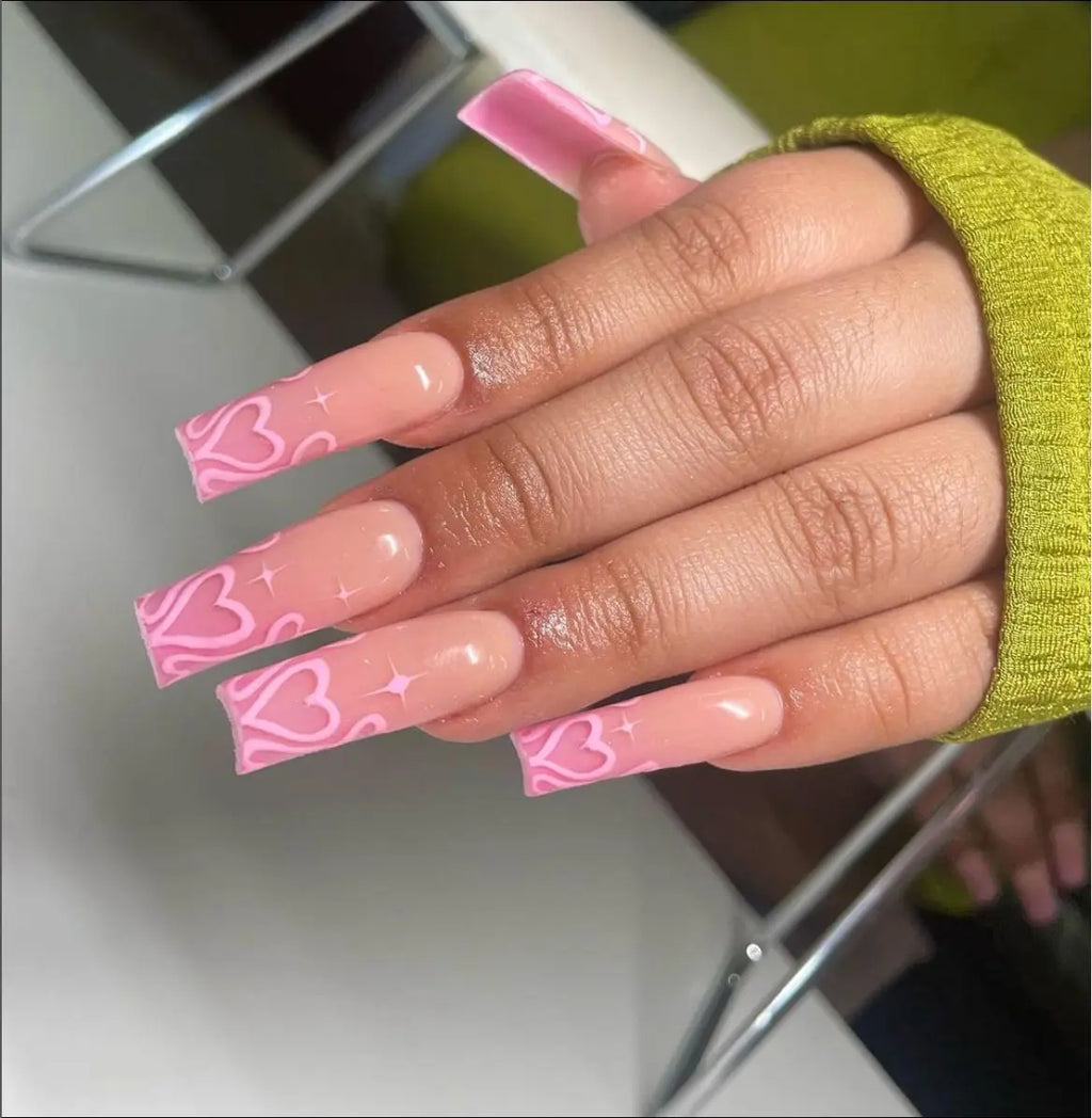 24 pièces – faux ongles longs carrés style français, design cœur 3D, ongles press-on avec strass, motif décoratif, faux ongles portables pour nail art