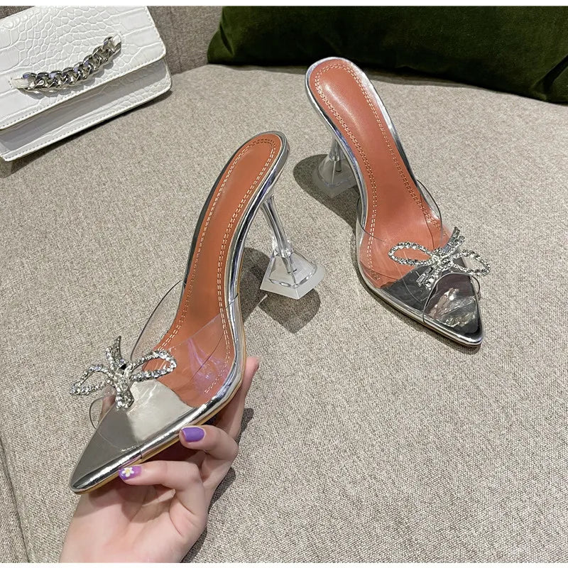 Grande taille 35-45, mules transparentes en PVC avec strass et nœud, élégantes sandales à talons hauts pour femmes, chaussures d’été tendance, sandales et mules à enfiler.