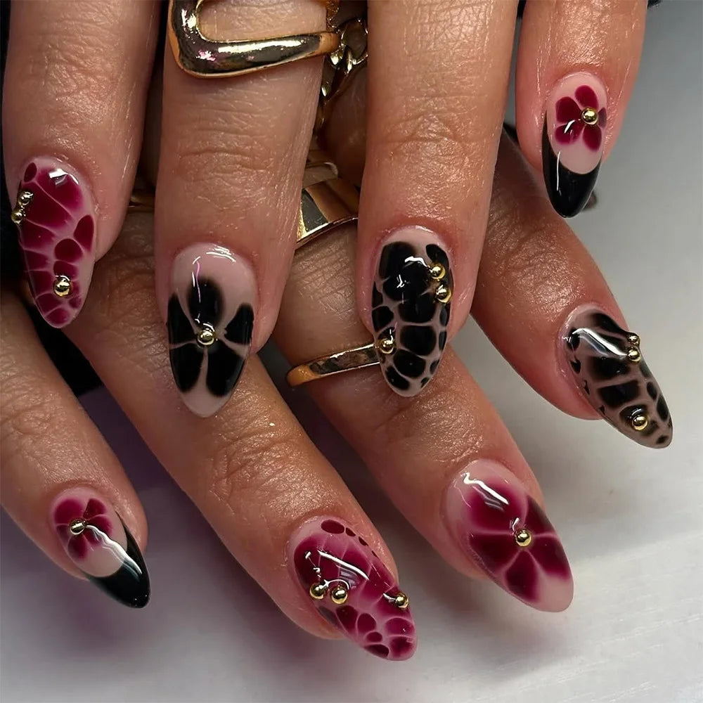 24 pièces de faux ongles à fleurs, style tendance, avec effet dégradé jaune et rose. Ongles portables à couverture complète, forme amande , à poser directement (Press-On Nails).
