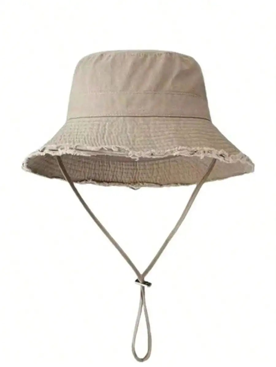 1 chapeau bob pour femme avec cordon de serrage et bords effilochés, chapeau bob d'extérieur avec sangle de menton réglable