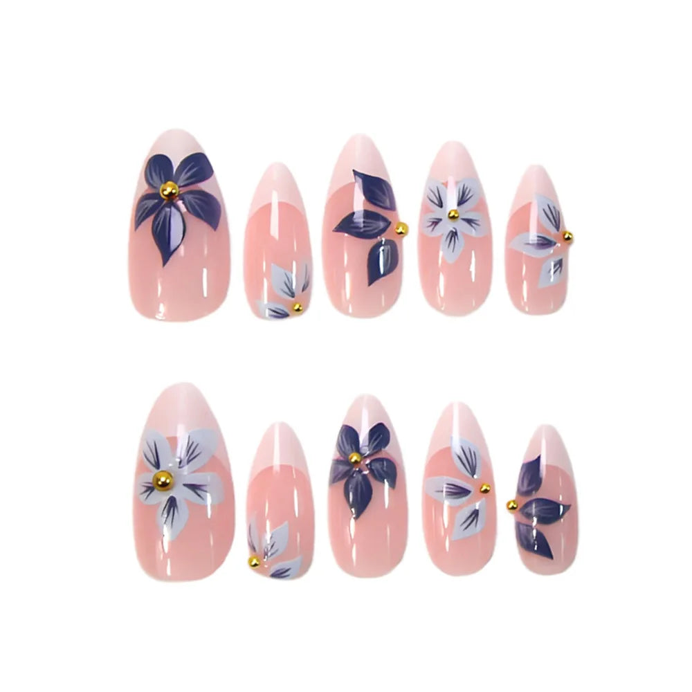 Faux ongles 3D pour femmes et filles, dégradé de fleurs en relief marron bleu avec strass, pointes d'amande d'automne et d'hiver à pression sur les faux ongles